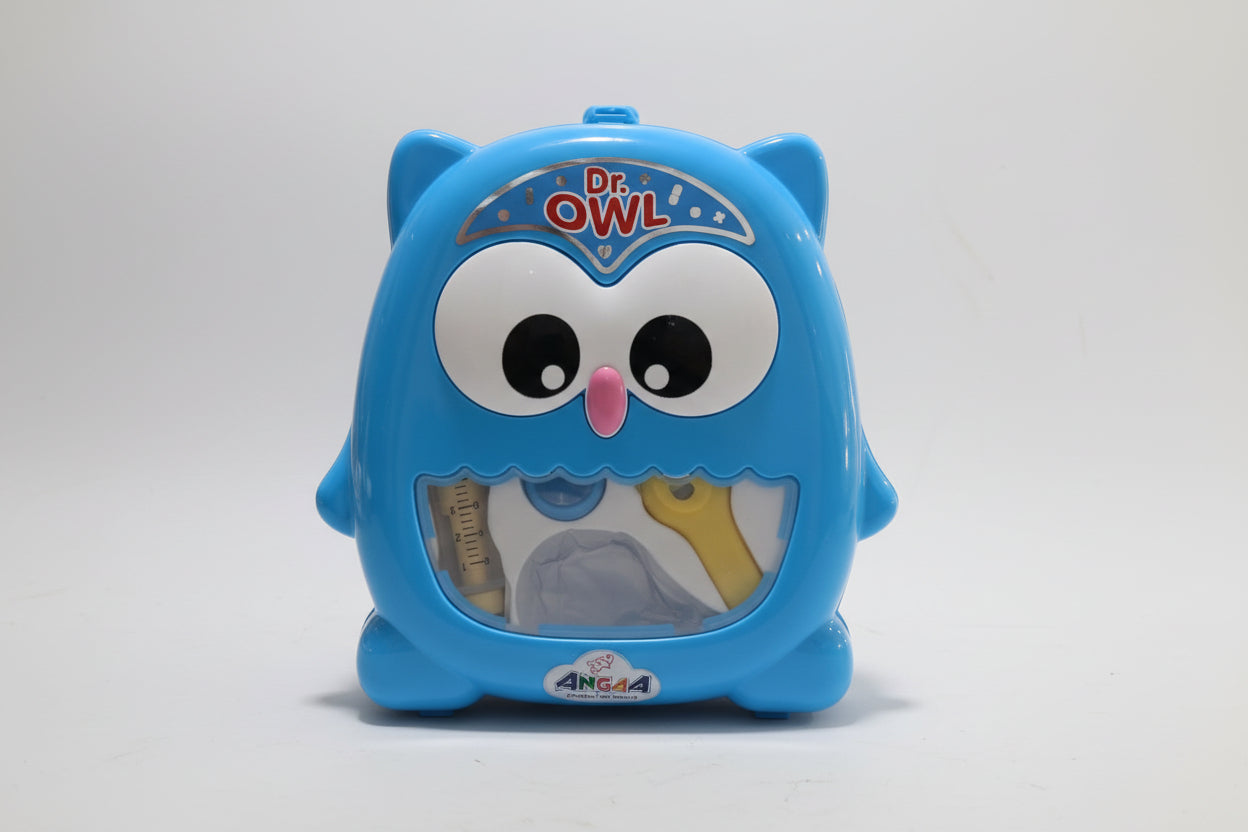 Blue owl-shaped toy with 'Dr. Owl' branding on a white background