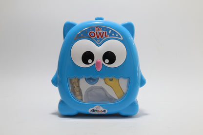 Blue owl-shaped toy with 'Dr. Owl' branding on a white background