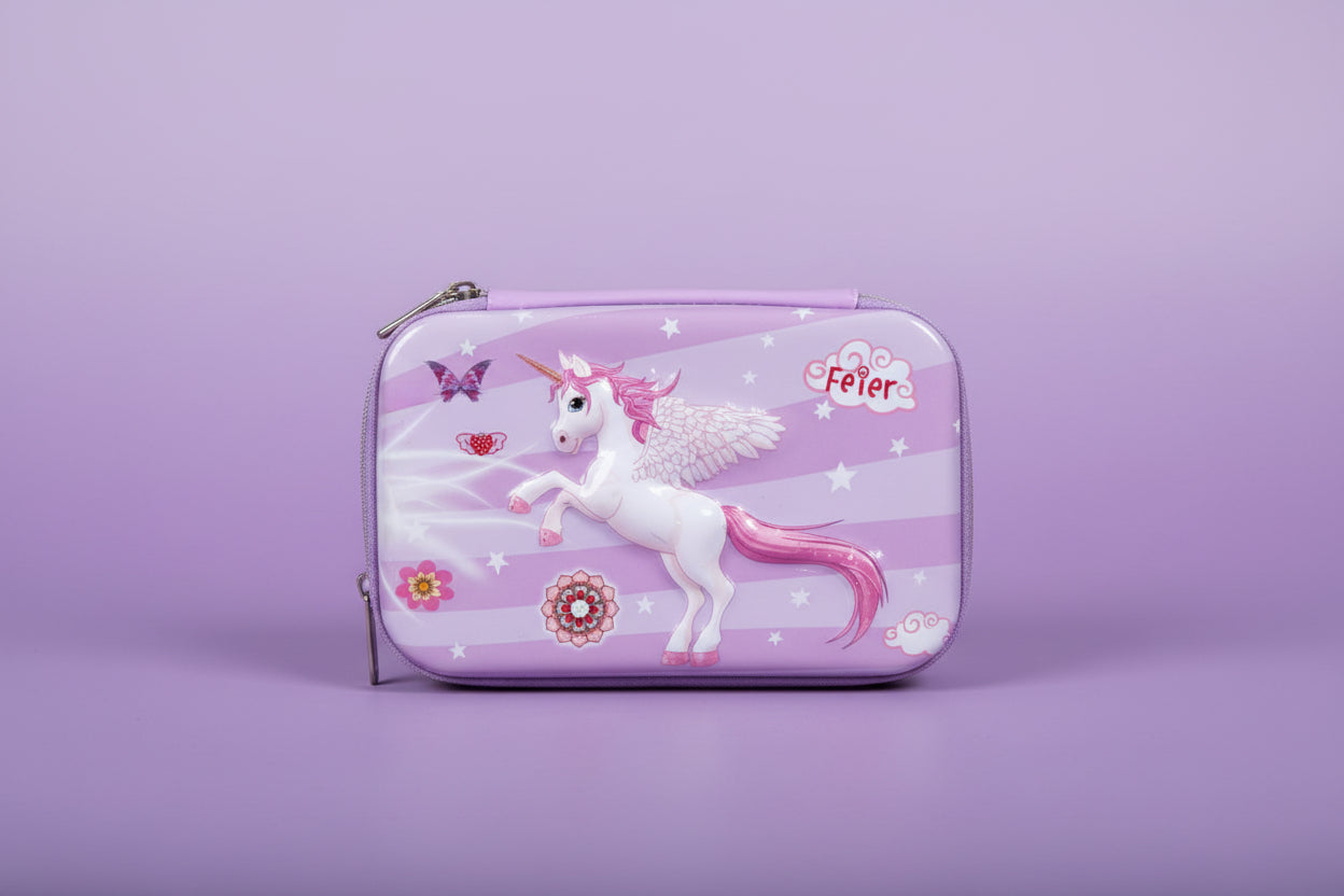 A purple unicorn pencil pouch with a zipper, featuring a white unicorn, butterflies, and stars pattern.