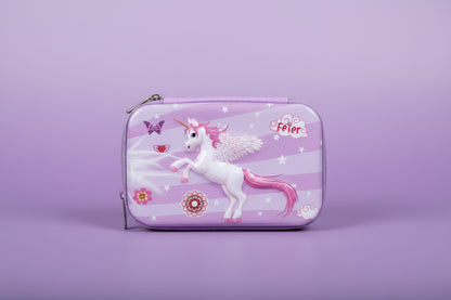 A purple unicorn pencil pouch with a zipper, featuring a white unicorn, butterflies, and stars pattern.