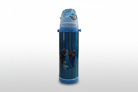 Blue water bottle with character design on a white background