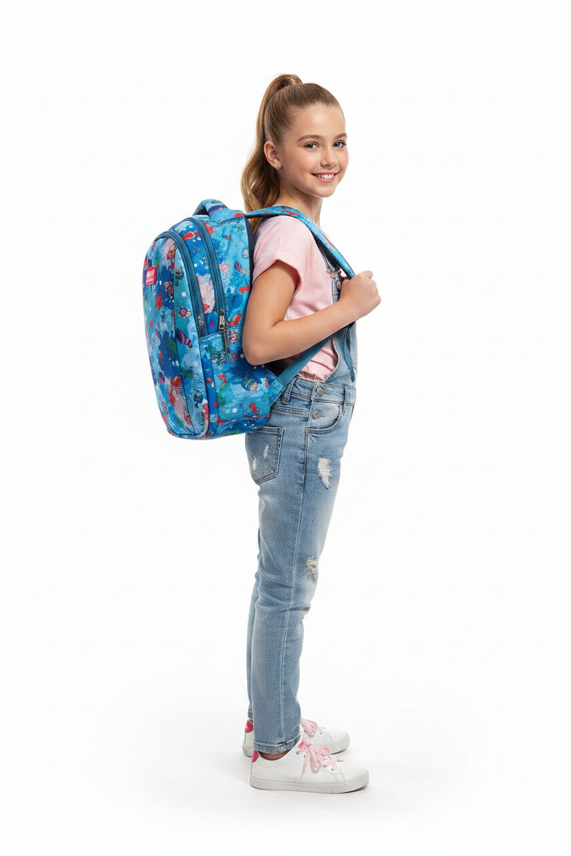 Kids Printed School Backpack – Blue Ocean Theme Lightweight Bag for Girls