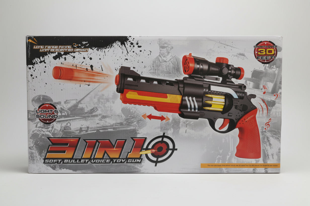 Packaging for a toy gun with a red and black color scheme, labeled as a 3-in-1 game device.