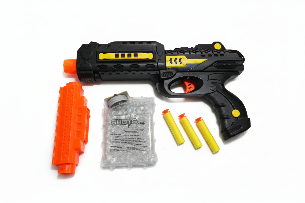 A toy gun with accessories, predominantly black with some yellow and orange parts, designed for children.