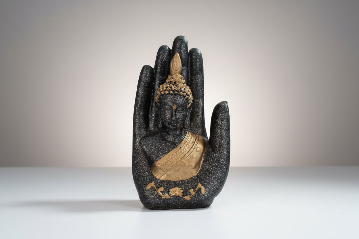 Statue of a Buddha figure held in a hand-shaped stone sculpture on a white background