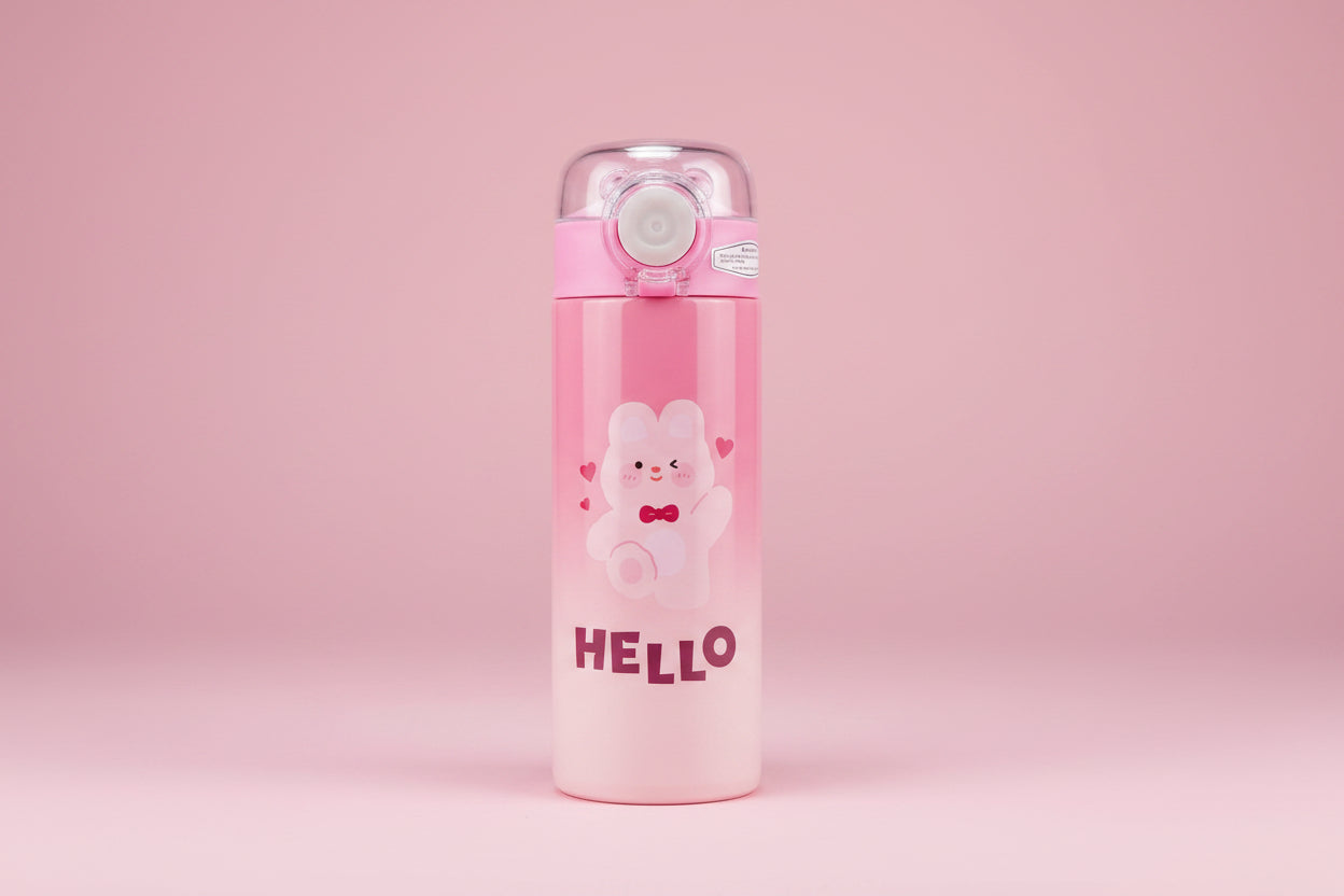 Pink thermos with cartoon bear design and 'HELLO' text on a gray surface.