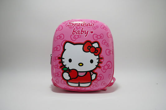 A pink Hello Kitty hard shell bag pack for toddlers with a bow and the brand 'Shuhao baby' printed on it.
