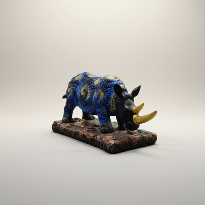 Decorative armadillo figurine with blue and gold design on a white background