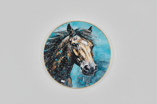 A decorative wall piece featuring a horse with a glossy base and diamond work, primarily in blue and brown colors.