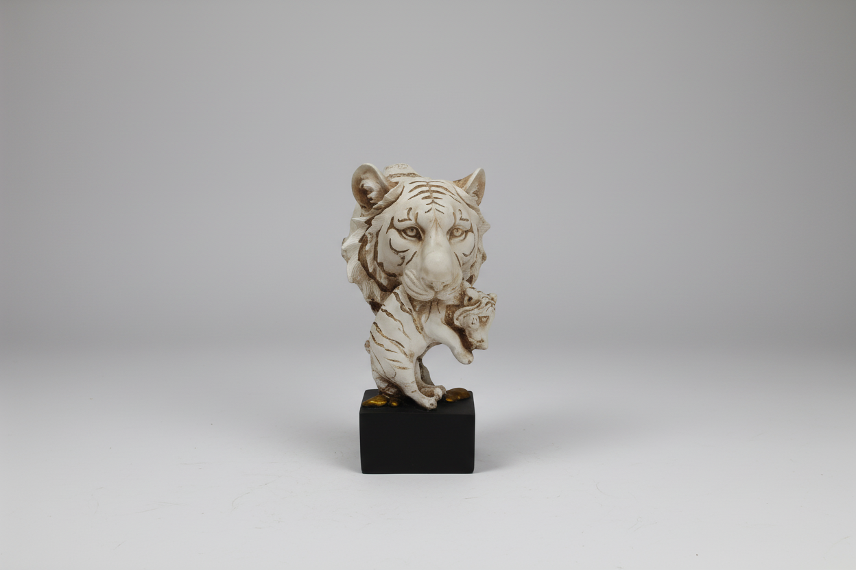 Decorative statue on a black base against a white background