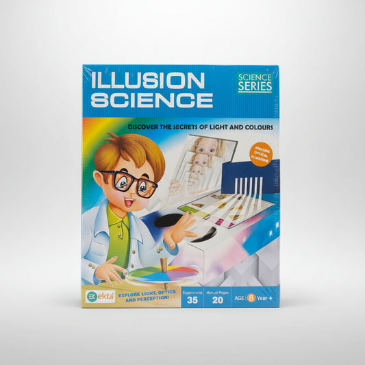Packaging for ILLUSION SCIENCE educational toy set, featuring a cartoon of a child with glasses and a lab coat, with illustrations of a projector and colorful paint on the box.