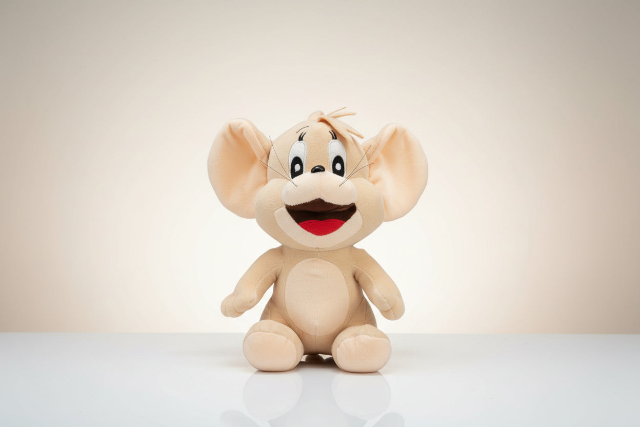 A plush toy representing a cartoon-style mouse character with a happy expression.