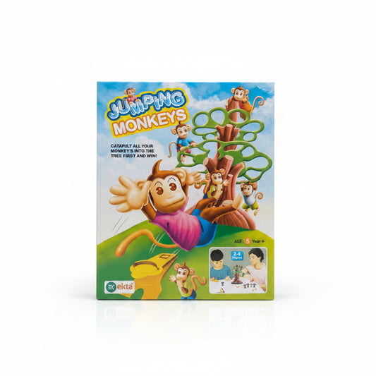 Packaging for the board game 'Jumping Monkeys', featuring cartoon monkey characters and gameplay illustrations.