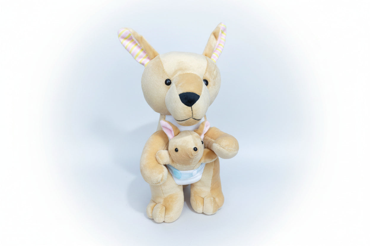 A beige kangaroo soft toy with a smaller kangaroo figure attached to it.