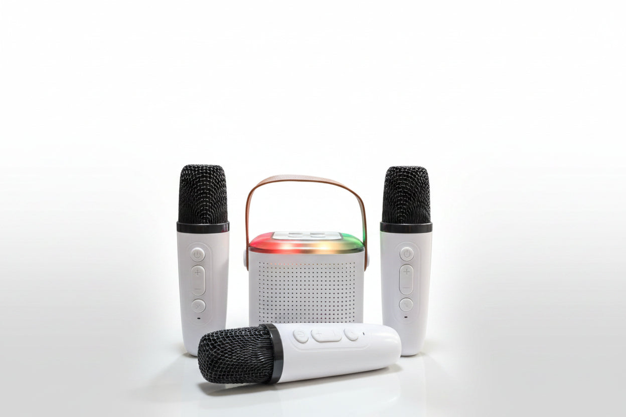 Karaoke microphone set with a portable speaker on a white background