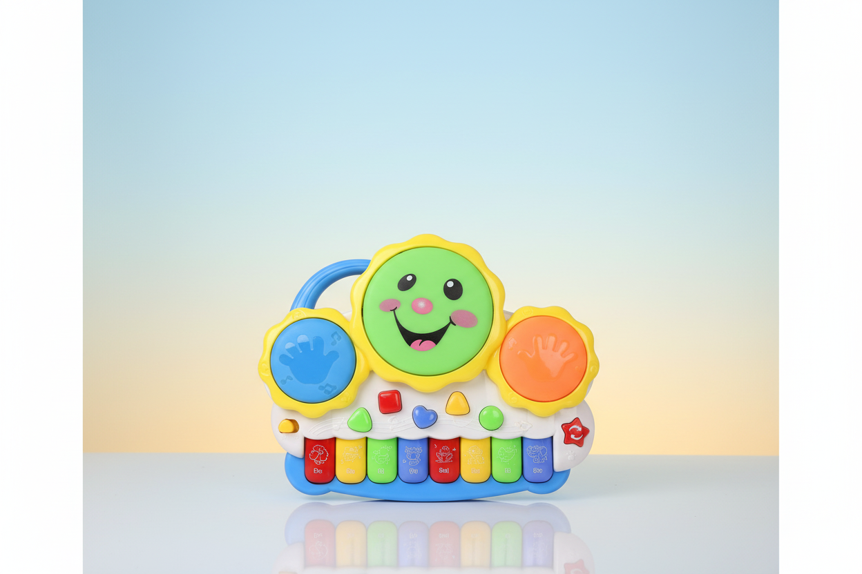 A colorful musical toy resembling a piano with buttons and a smiling face on the top, designed for infants and toddlers.