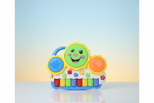 A colorful musical toy resembling a piano with buttons and a smiling face on the top, designed for infants and toddlers.