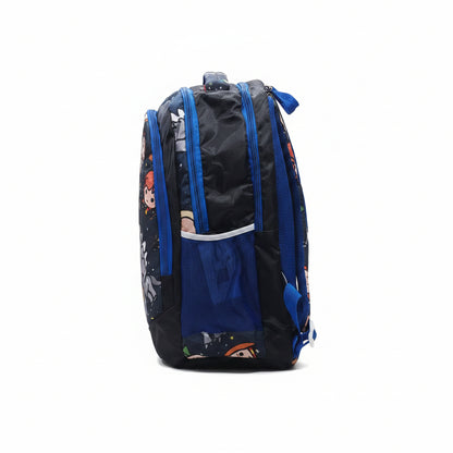 Side view of kids school bag showing multiple compartments, zipper sections and mesh water bottle pocket