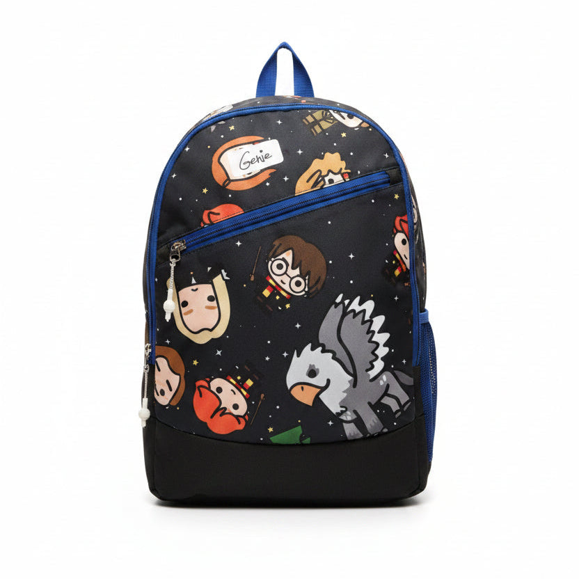 Black and blue kids school backpack with cartoon character print, front zipper pocket and spacious compartments