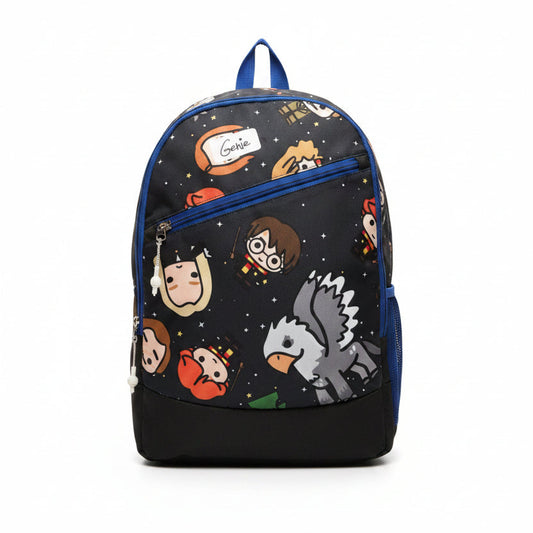 Black and blue kids school backpack with cartoon character print, front zipper pocket and spacious compartments
