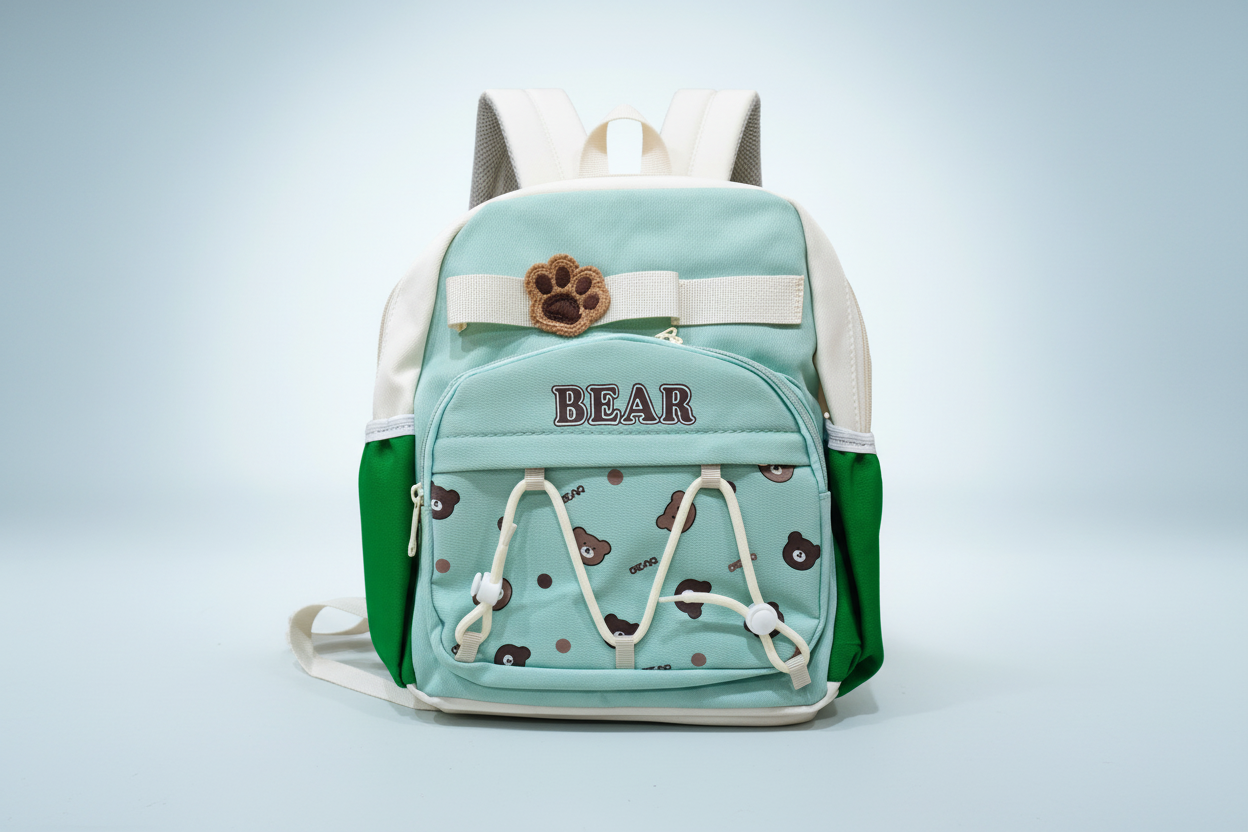 Light blue backpack with bear design and 'BEAR' text on a white background