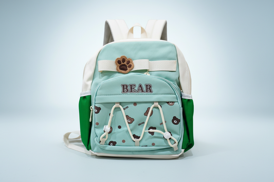 Light blue backpack with bear design and 'BEAR' text on a white background