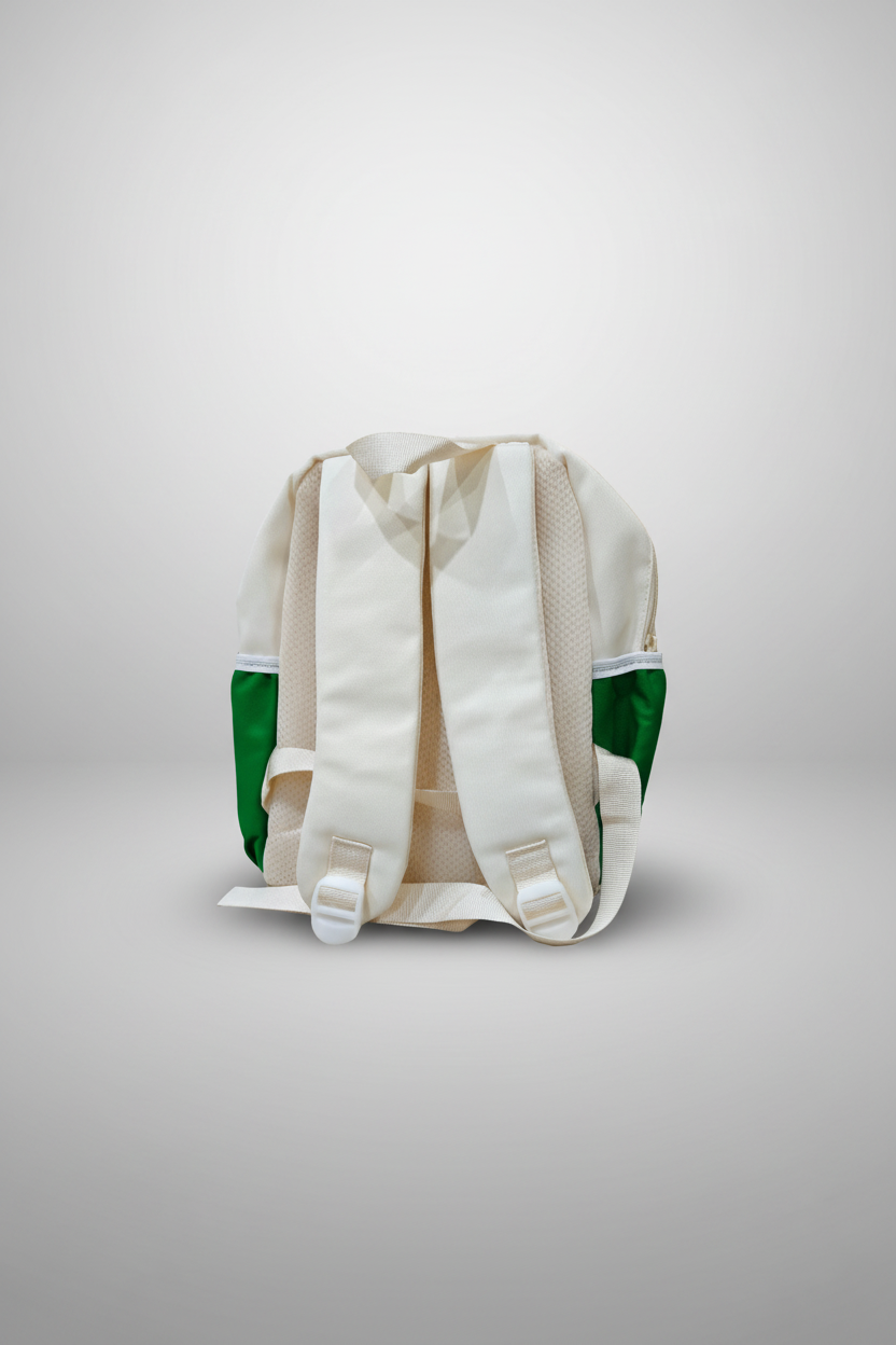 Backpack with green base and beige straps on a white background