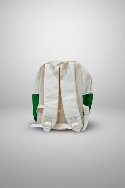 Backpack with green base and beige straps on a white background