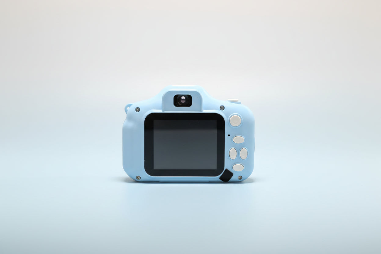 Children's toy camera with a screen and buttons on a white background