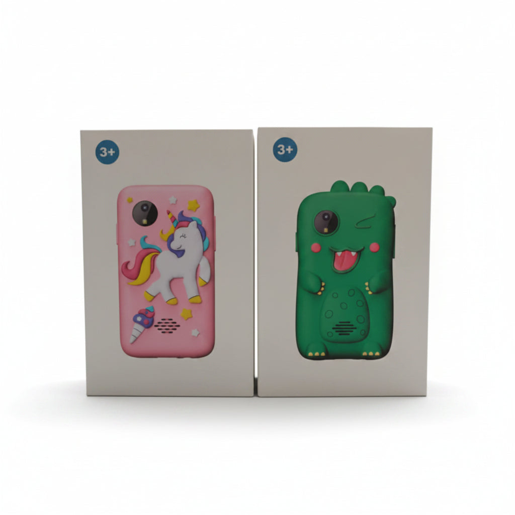 Two children's phones in packaging, one with a pink unicorn design and the other with a green monster design.