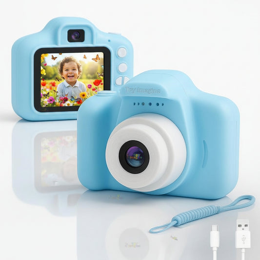 Blue children's camera with screen displaying two children playing, on a white background.
