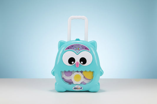 Blue owl-shaped suitcase with a visible brand logo on a white background