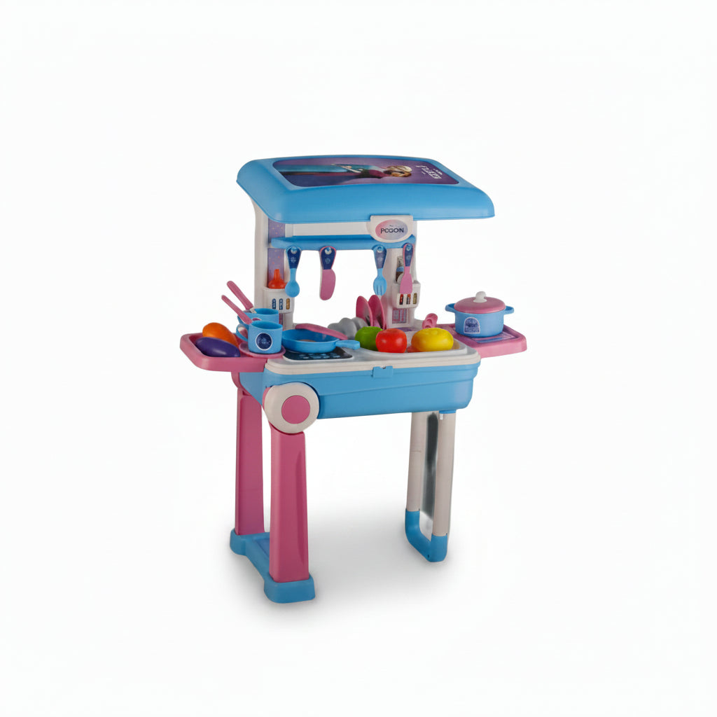 A battery-operated kitchen play set featuring a cooking set and portable trolley, primarily in blue and pink colors.