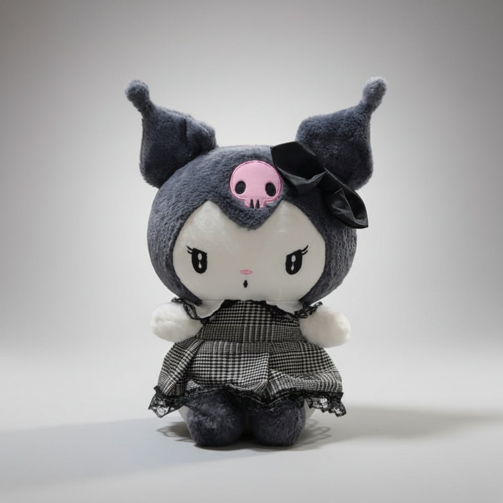 Plush toy with skull design and gray outfit on a white background