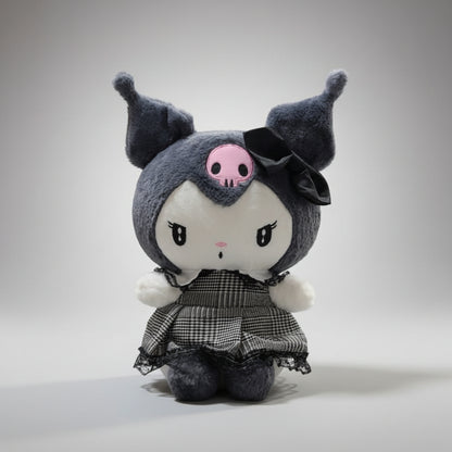 Plush toy with skull design and gray outfit on a white background