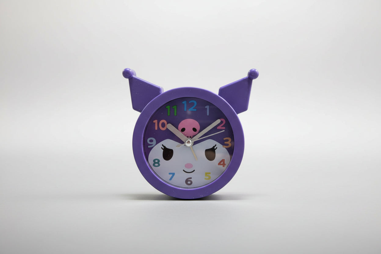 Children's clock with a purple border and cartoon face on a white background
