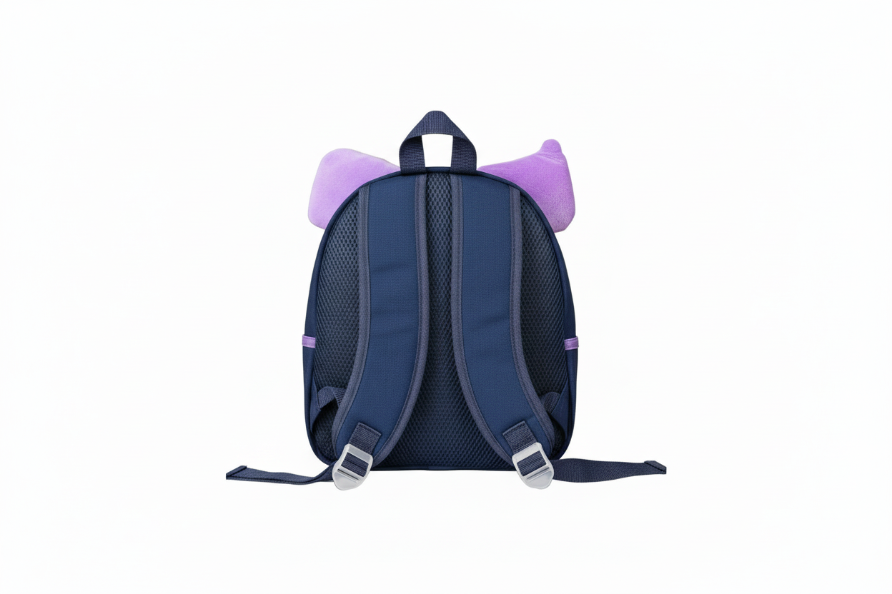 Blue backpack with purple accents on a white background