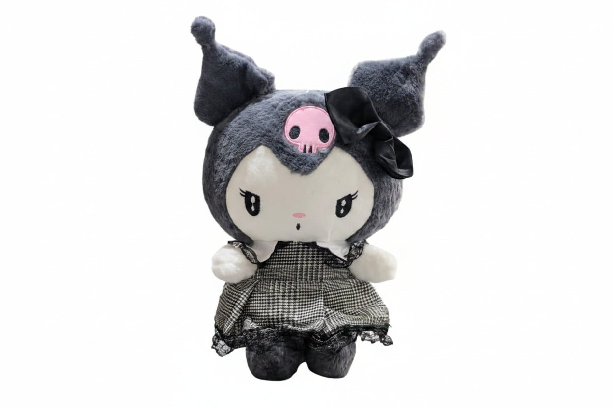 Plush toy with gray hair, pink skull face, and black bow on a white background