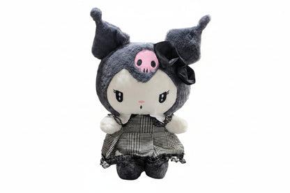 Plush toy with gray hair, pink skull face, and black bow on a white background