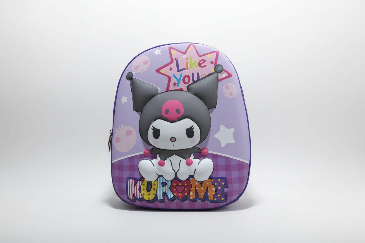 A colorful hard shell school bag with a cartoon character design.
