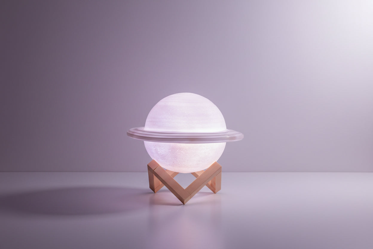 Planet-shaped lamp on a stand with a white background