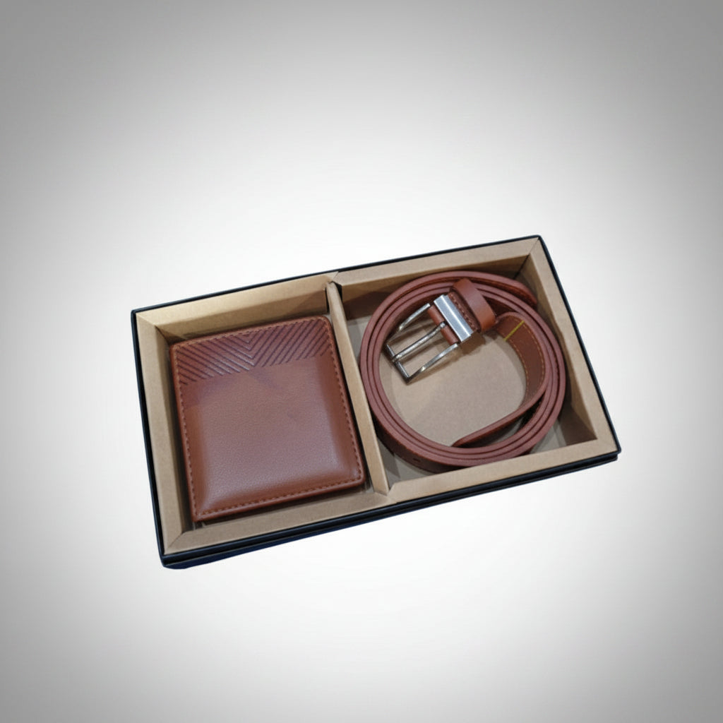 A set of a brown leather wallet and belt, presented in a wooden box.