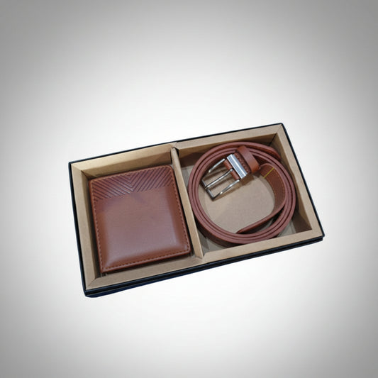 A set of a brown leather wallet and belt, presented in a wooden box.