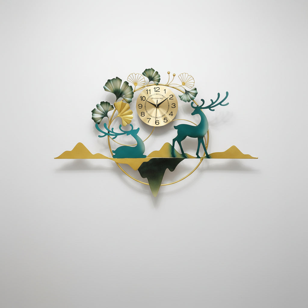 Decorative wall clock with deer and floral design on a light gray background