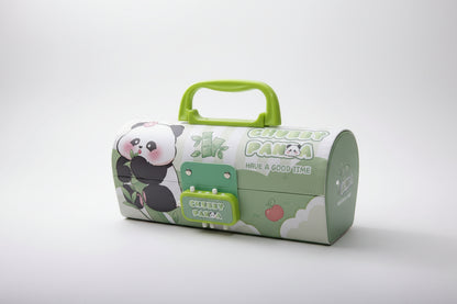 A lock pencil box with a green handle and a character print of a panda on a white background. The box is closed with a green lock mechanism.
