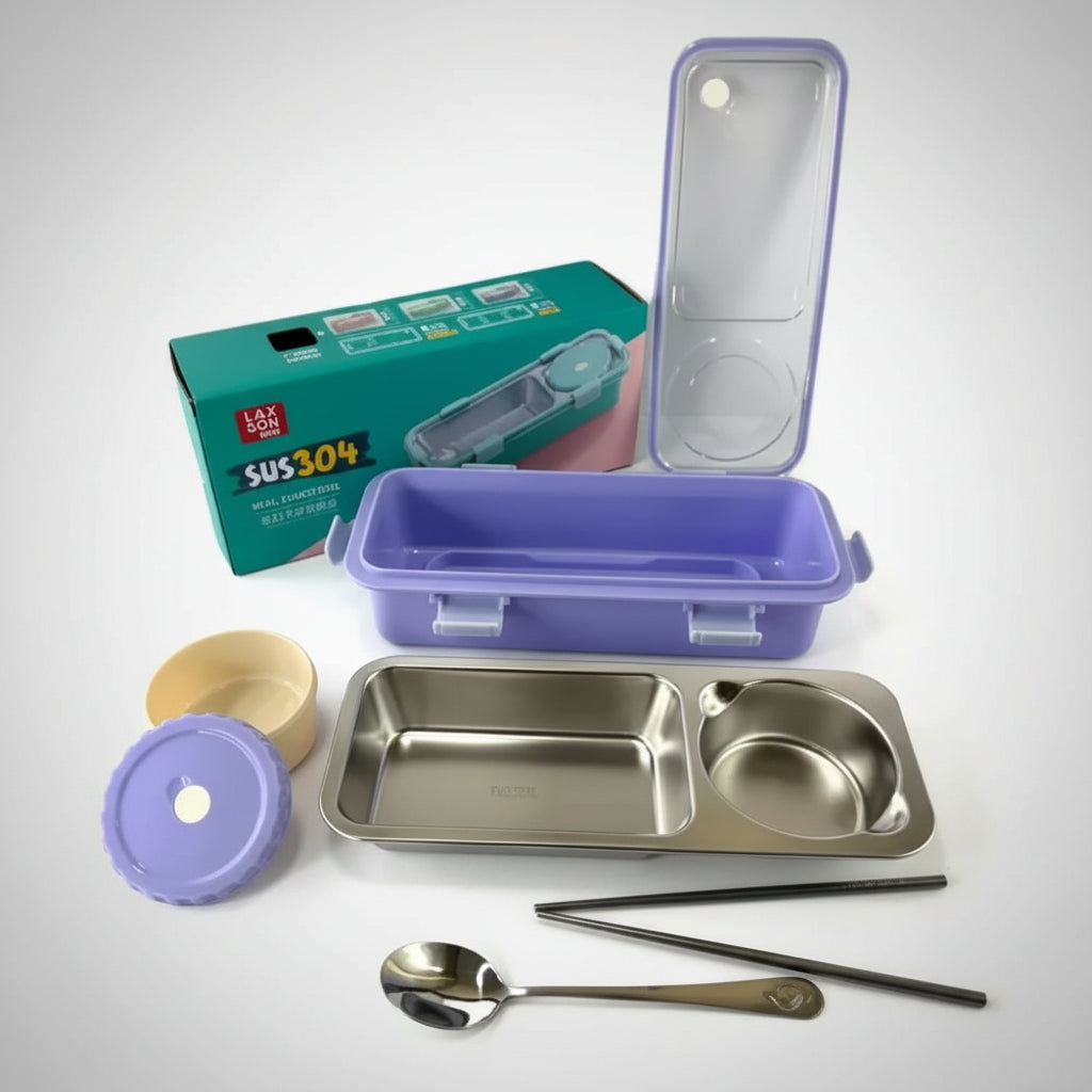 A stainless steel lunch box set with compartments, accompanied by a plastic container, lid, and a pair of stainless steel utensils.
