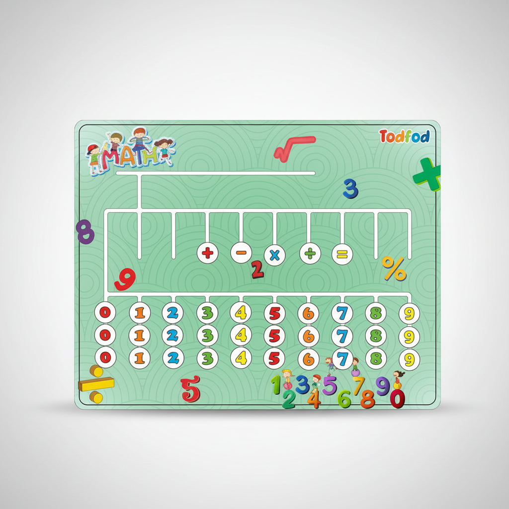 A wooden maths maze puzzle toy with numbers, mathematical symbols, and a colorful surface.