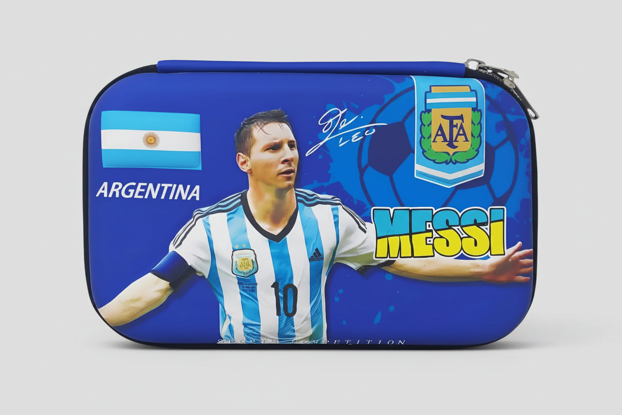 A blue pencil box featuring an image of a soccer player in a Argentina national team jersey, along with the Messi signature and the Argentina national team's emblem.