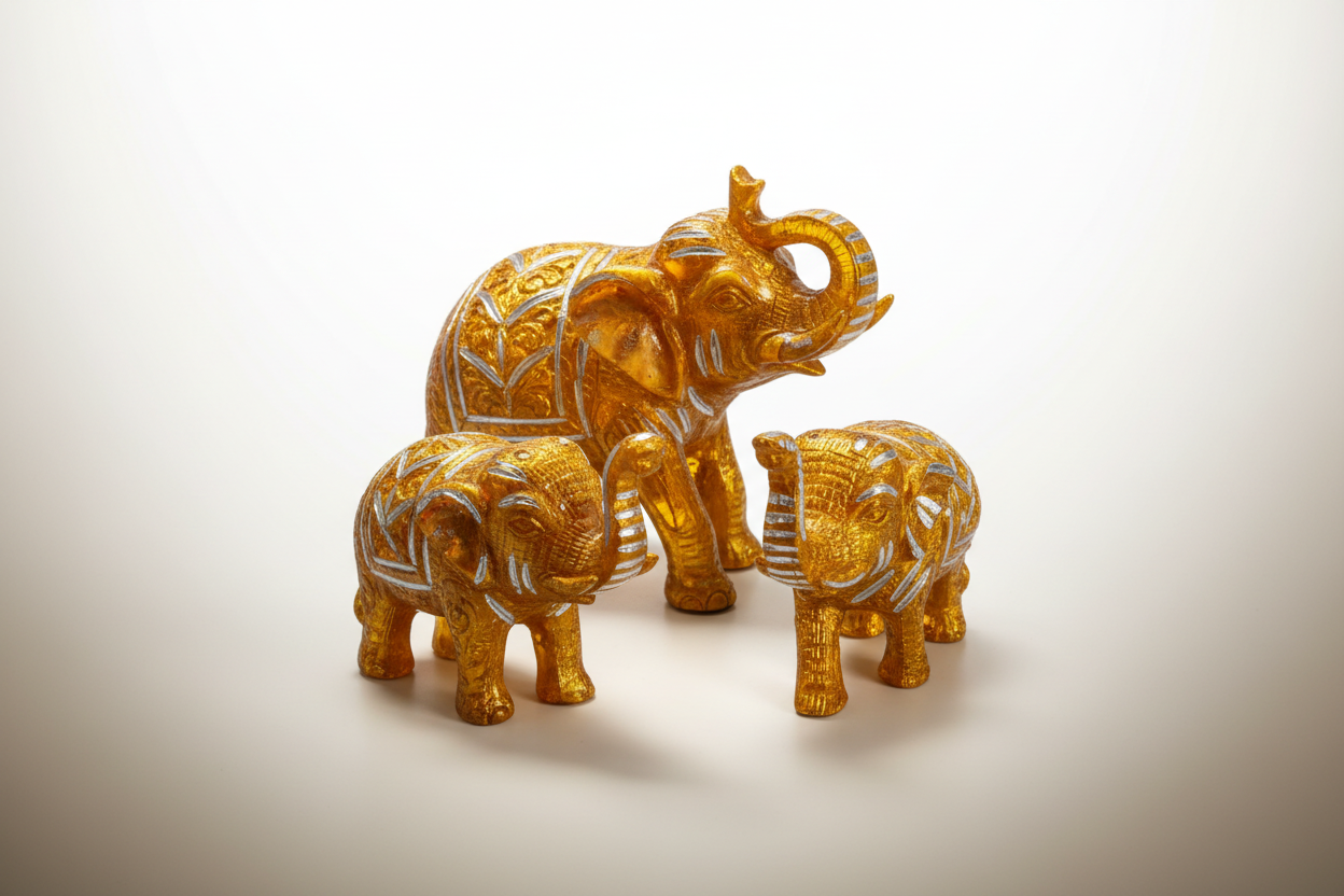 Three gold color metal elephant figurines with decorative patterns on a white background