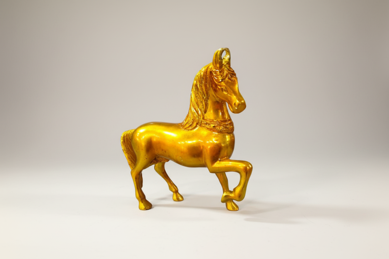 Gold horse-shaped pendant on a white background